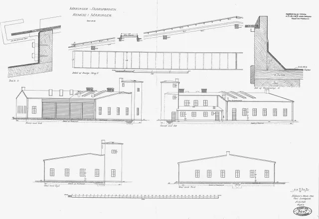 Tegning af Mariager Stations remise.