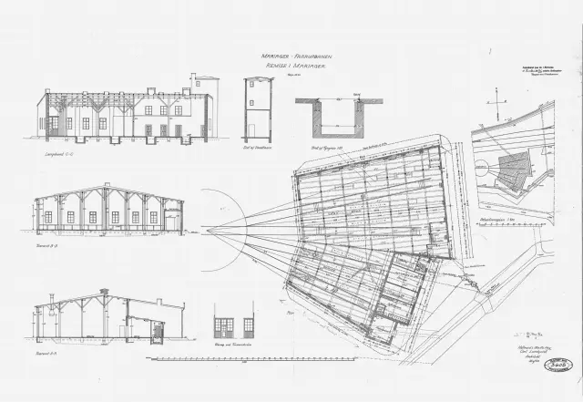 Tegning af Mariager Stations remise.