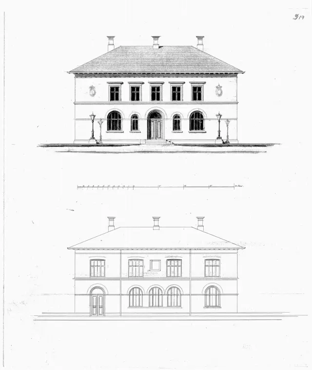 Tegning af Posthus ved Faaborg Station.