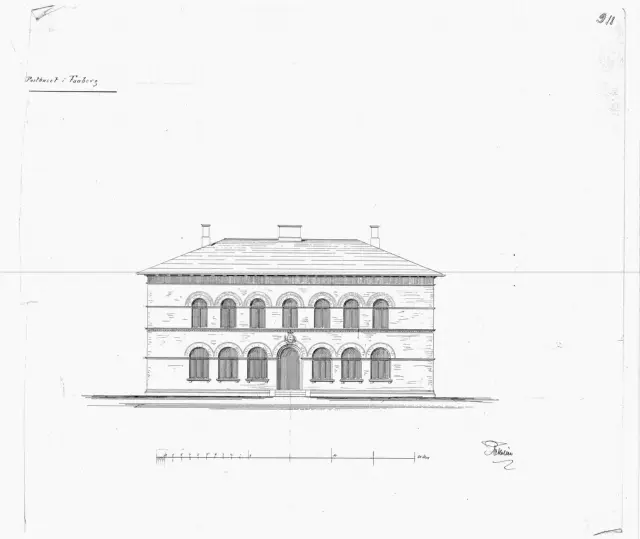 Tegning af Posthus ved Faaborg Station.