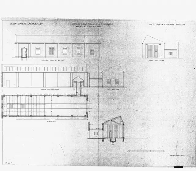 Tegning af Motorvognsremise ved Faaborg Station.