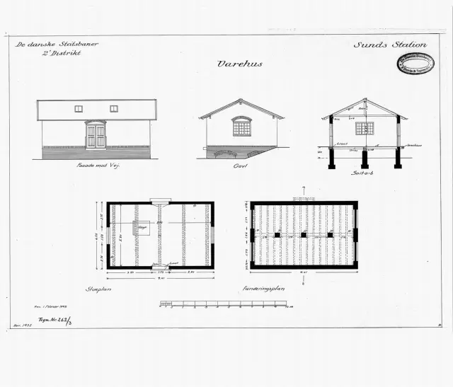 Tegning af Sunds Holdeplads’ varehus.