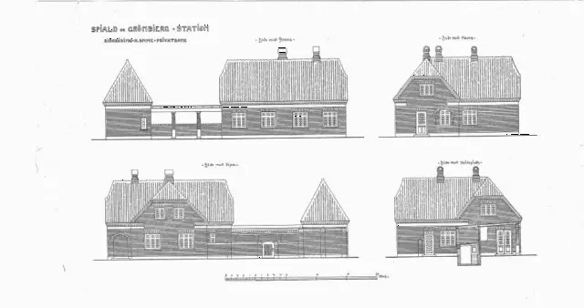 Tegning af  Spjald Station.