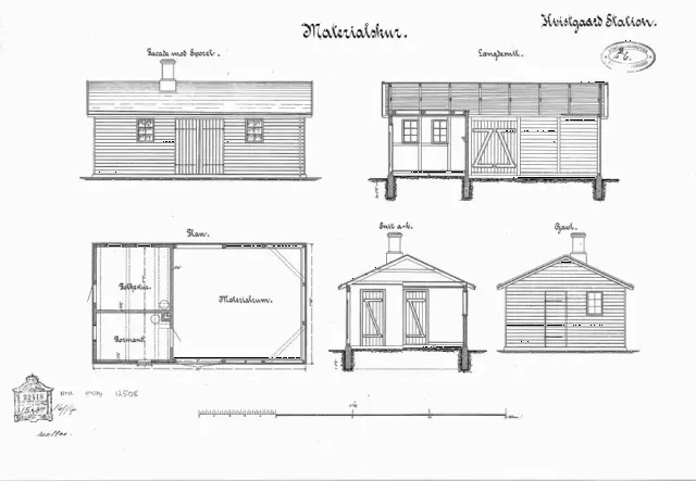 Tegning af Kvistgård Stations Materialskur.